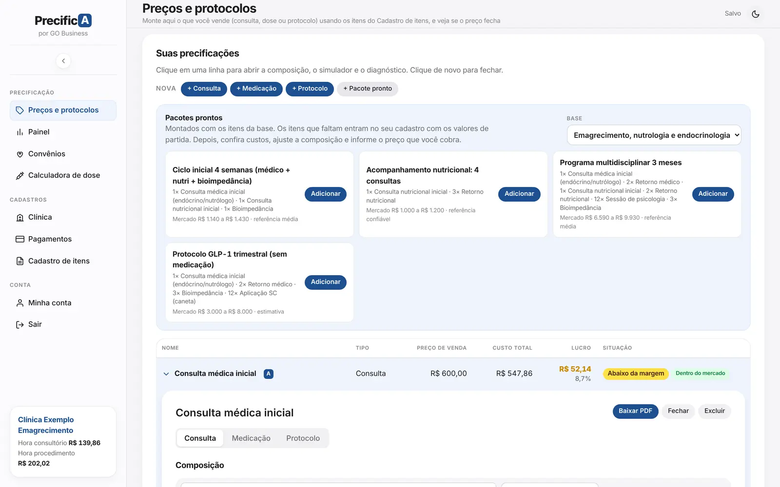 Pacotes prontos da base de emagrecimento com faixa de mercado